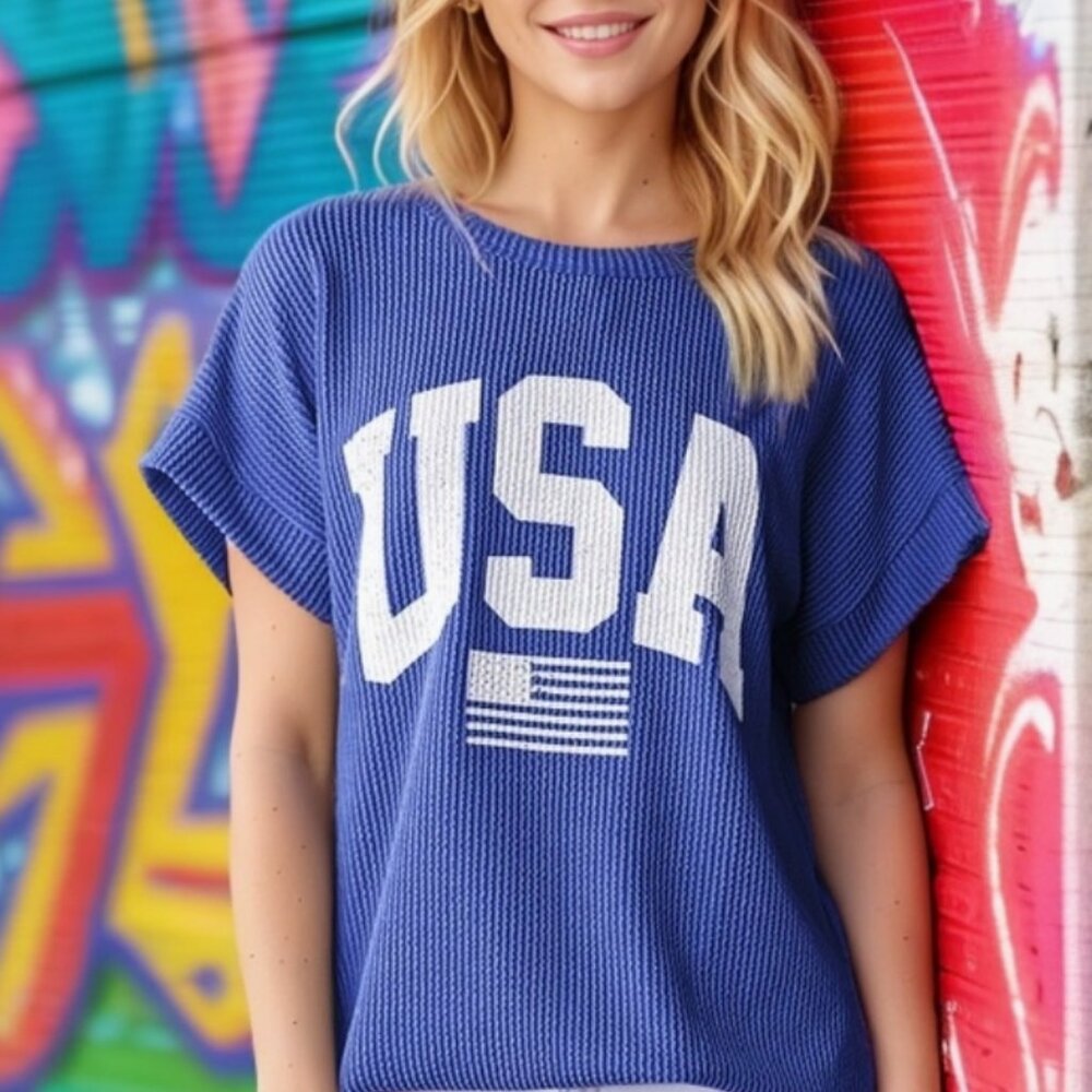"Proud" HEIMISH USA Flag Dolman Short Sleeve Ribbed Top Blue